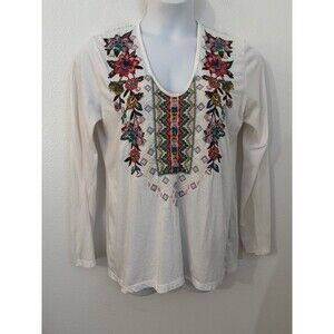 Johnny Was Knit Floral Print Embroidered Top White Size Large V Neck Boho Floral